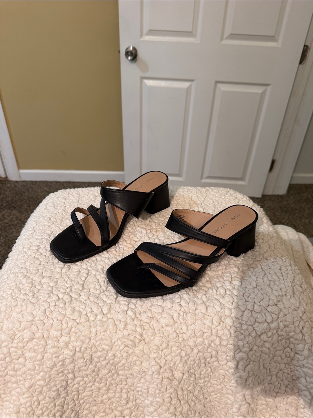 Sun + Stone Black Strappy Block Heel Sandals